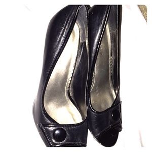 Black leather open toed heels